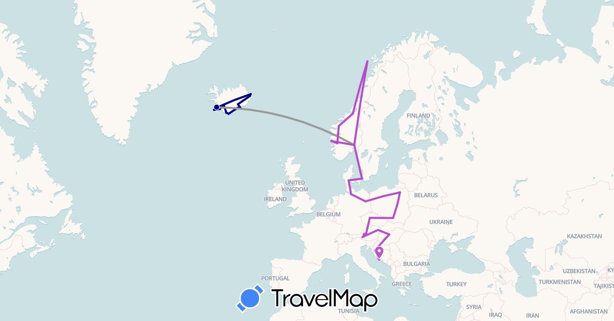TravelMap itinerary: driving, plane, train in Austria, Czech Republic, Germany, Denmark, Croatia, Hungary, Iceland, Norway, Poland (Europe)